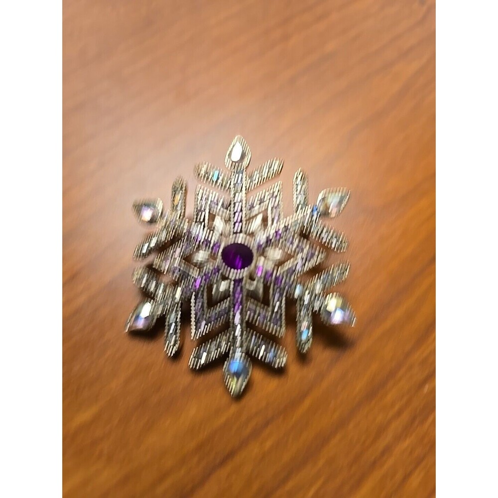 Vintage Snowflake Purple Clear Rhinestone Silver Tone Brooch Christmas Winter